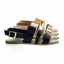 Bamboo New Bliss52m Colored Open Toe Flat Sandal In Faux Leather 7 Metallic Straps