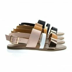 Bamboo New Bliss52m Colored Open Toe Flat Sandal In Faux Leather 7 Metallic Straps