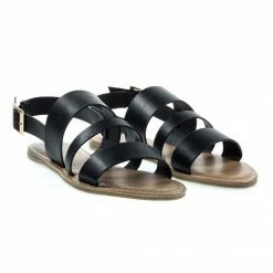 Bamboo New Bliss52m Colored Open Toe Flat Sandal In Faux Leather 7 Metallic Straps