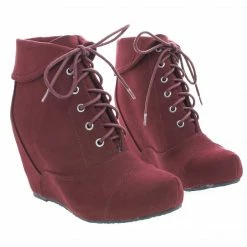 New Carmela24 By Bamboo, Almond Toe Lace Up Folded Cuff Hidden High Wedge Ankle Bootie