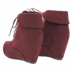 New Carmela24 By Bamboo, Almond Toe Lace Up Folded Cuff Hidden High Wedge Ankle Bootie