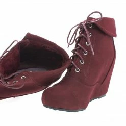New Carmela24 By Bamboo, Almond Toe Lace Up Folded Cuff Hidden High Wedge Ankle Bootie