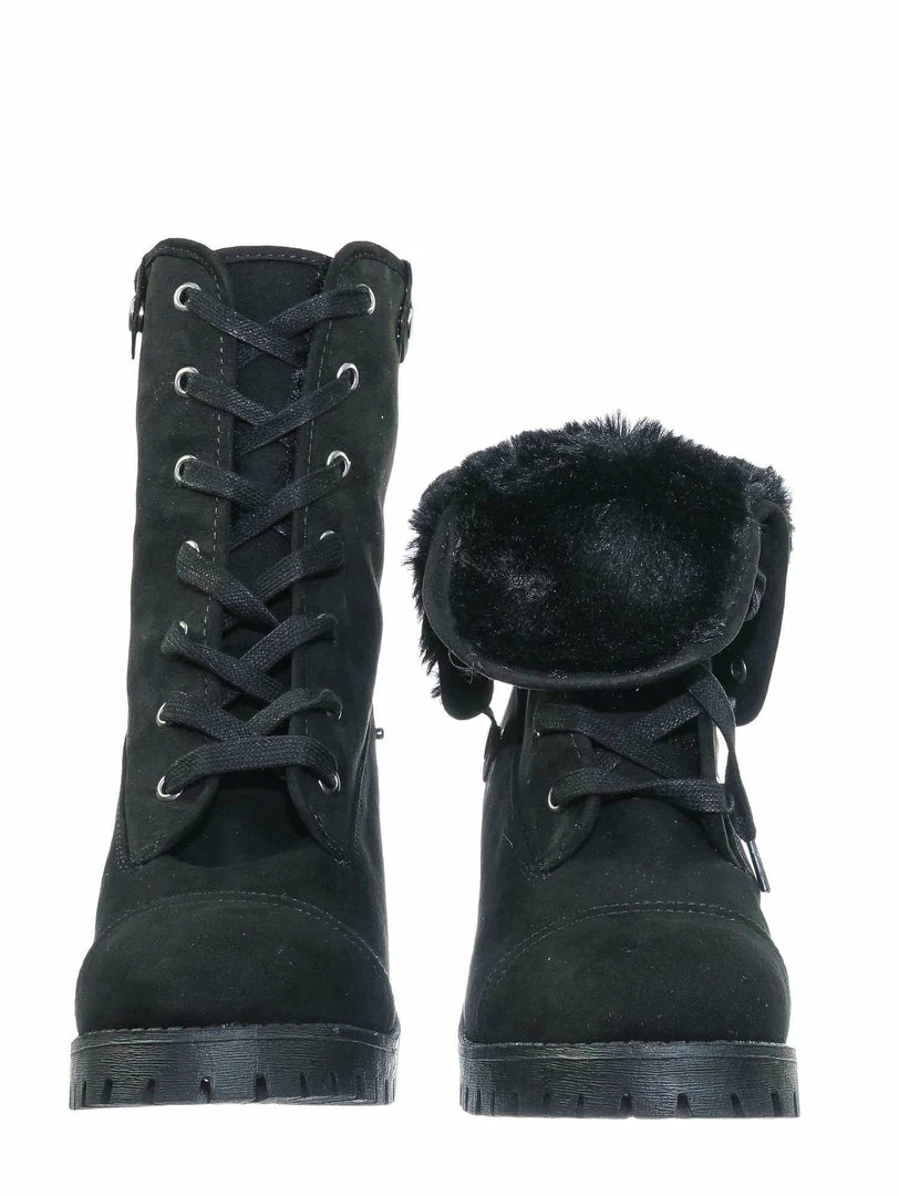 Bamboo Chief14 Sherling Fold Over Combat Boot -Women Faux Fur Ankle High Lace Up Boot New