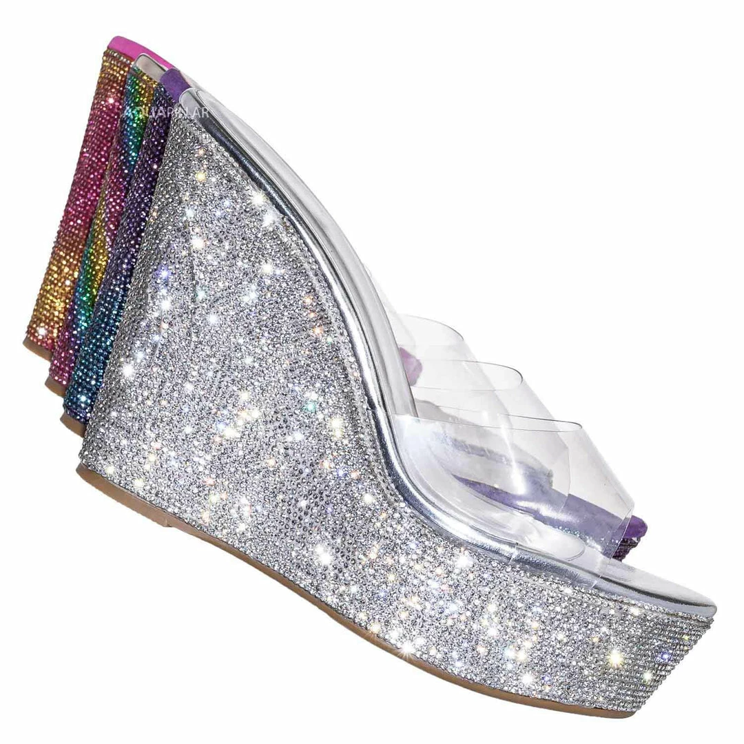 Bamboo Chosen12 Lucite Rhinestone Platform Wedge - Clear Transparent Slipper Sandal New