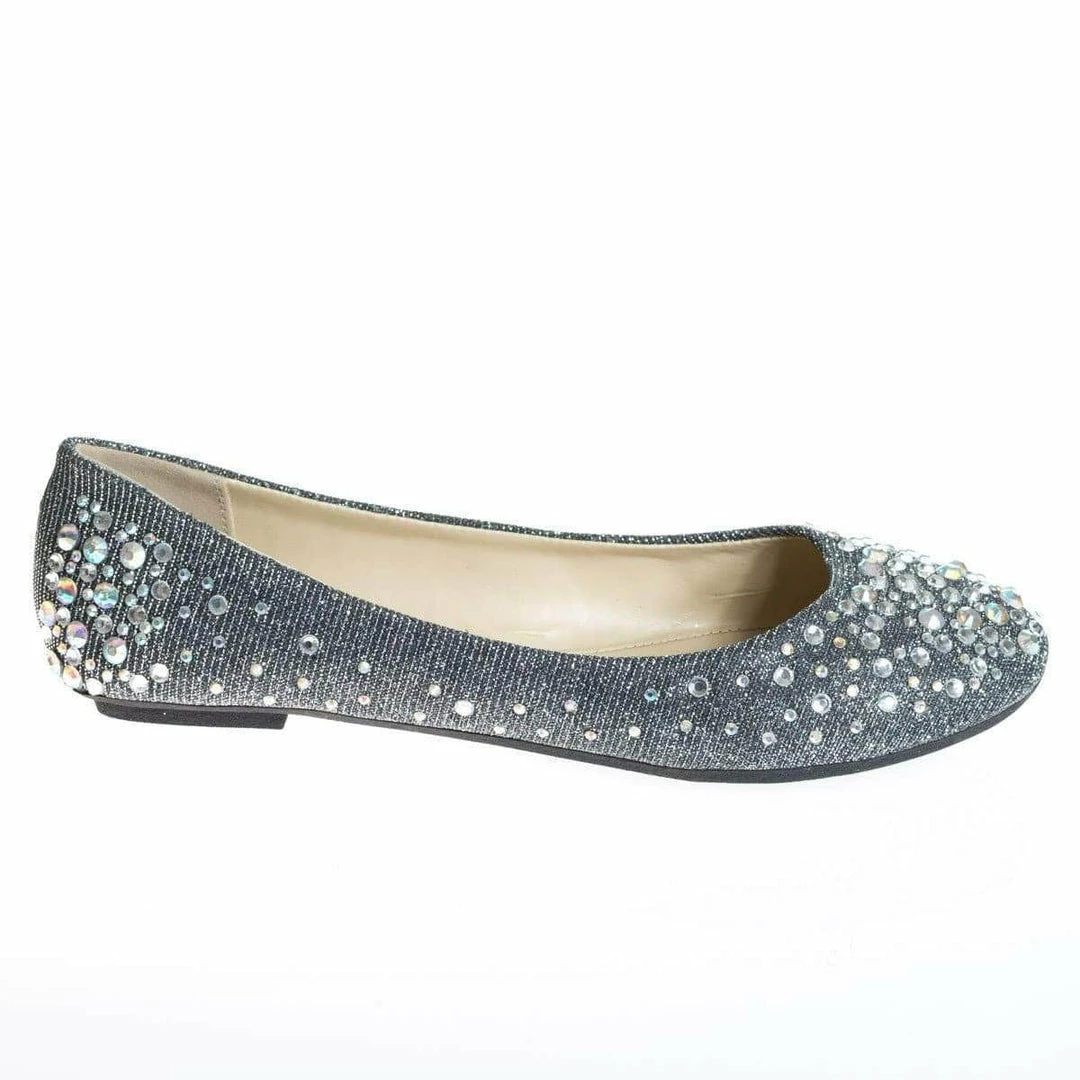 Clore10 By Bamboo, Women's Round Toe Ballet Flats With Iridescent Rhinestone Studs On Glitter Vamp New