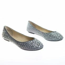 Clore10 By Bamboo, Women's Round Toe Ballet Flats With Iridescent Rhinestone Studs On Glitter Vamp New