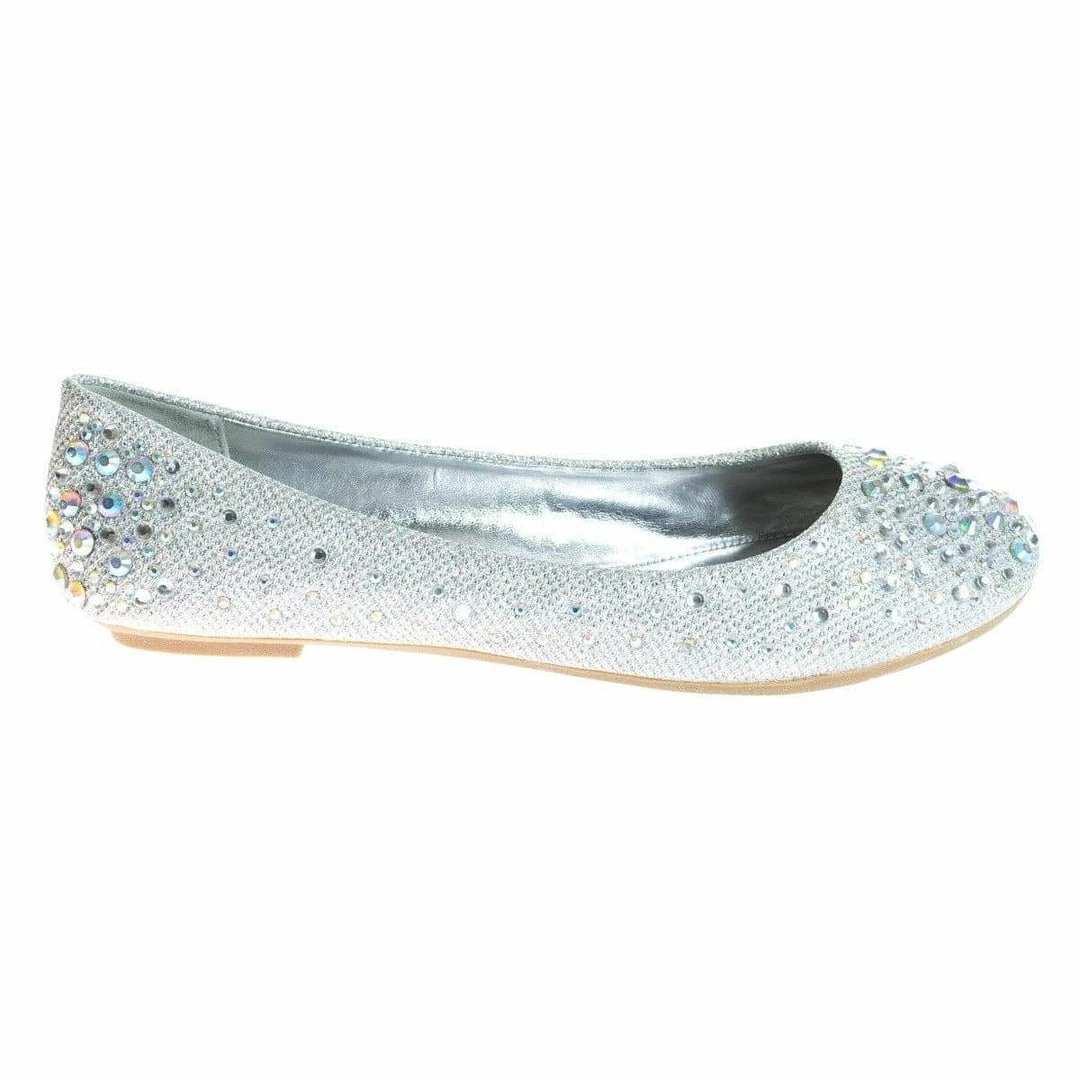 Clore10 By Bamboo, Women's Round Toe Ballet Flats With Iridescent Rhinestone Studs On Glitter Vamp New