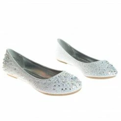 Clore10 By Bamboo, Women's Round Toe Ballet Flats With Iridescent Rhinestone Studs On Glitter Vamp New