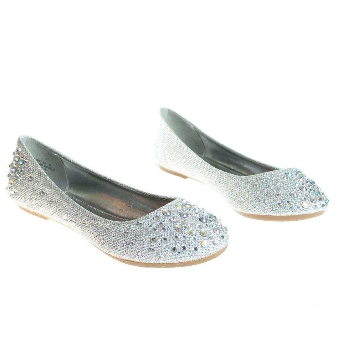 Clore10 By Bamboo, Women's Round Toe Ballet Flats With Iridescent Rhinestone Studs On Glitter Vamp New