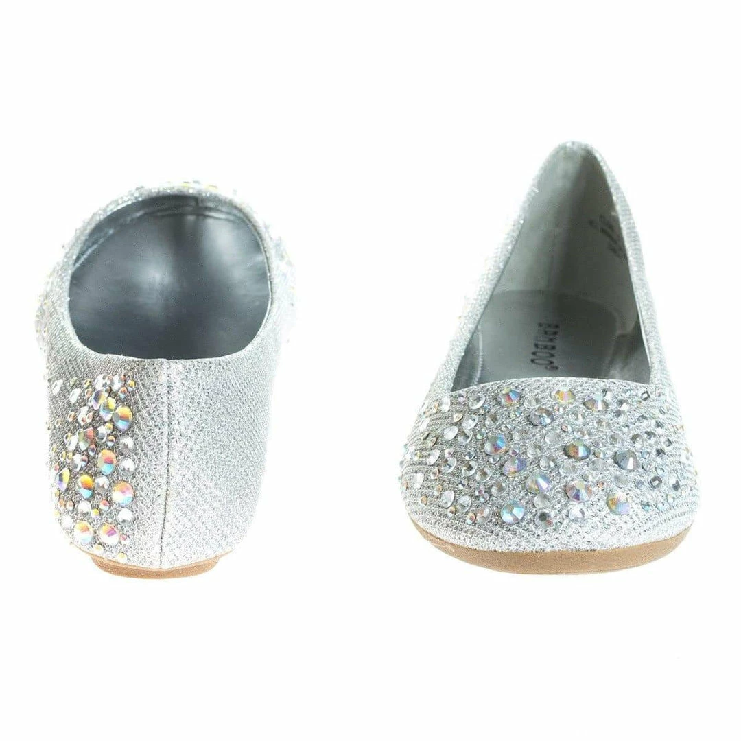 Clore10 By Bamboo, Women's Round Toe Ballet Flats With Iridescent Rhinestone Studs On Glitter Vamp New