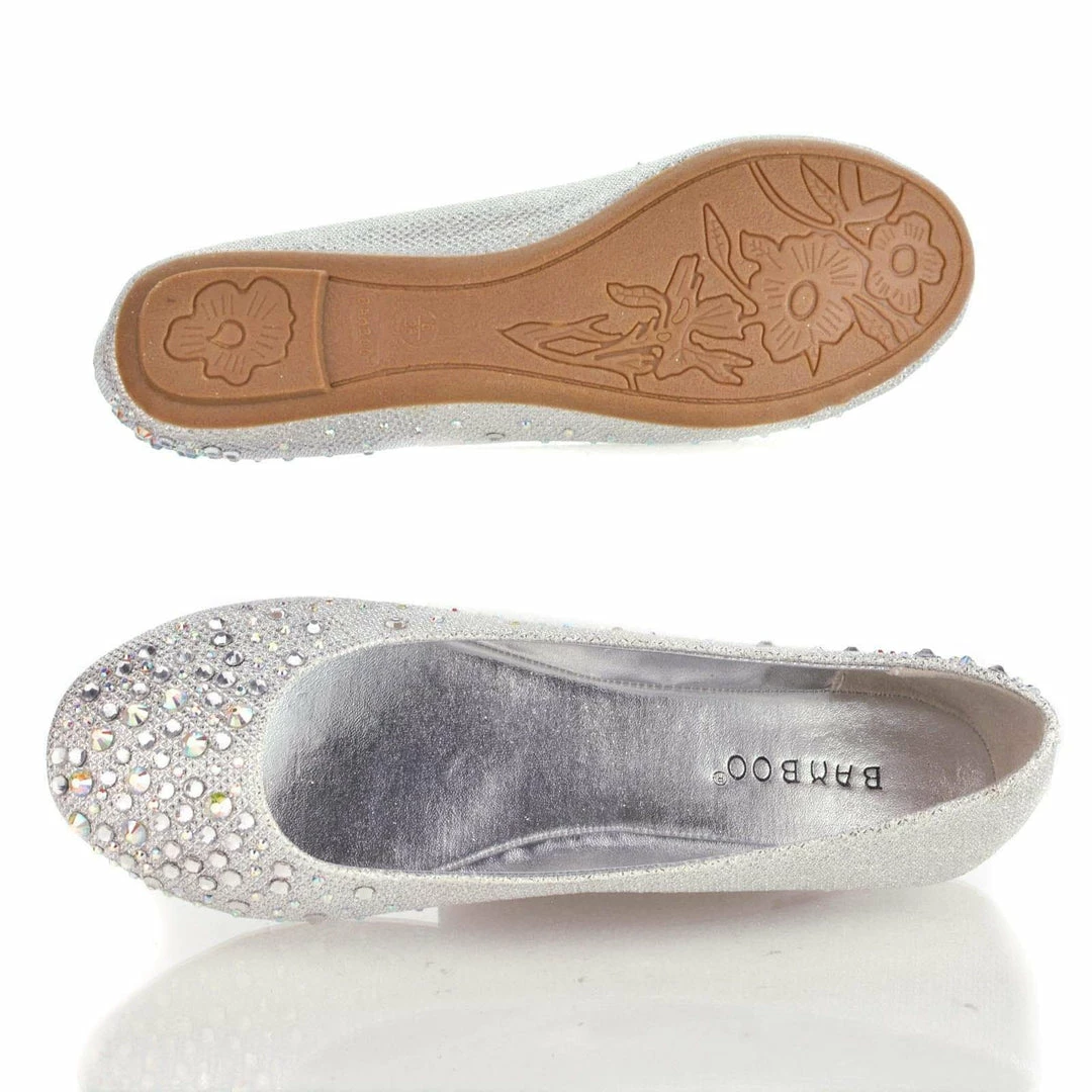 Clore10 By Bamboo, Women's Round Toe Ballet Flats With Iridescent Rhinestone Studs On Glitter Vamp New