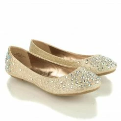 Clore10 By Bamboo, Women's Round Toe Ballet Flats With Iridescent Rhinestone Studs On Glitter Vamp New