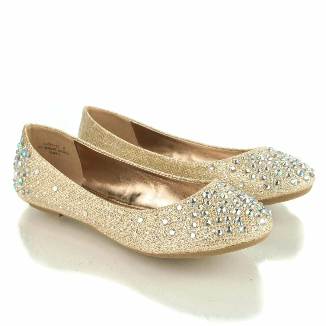 Clore10 By Bamboo, Women's Round Toe Ballet Flats With Iridescent Rhinestone Studs On Glitter Vamp New
