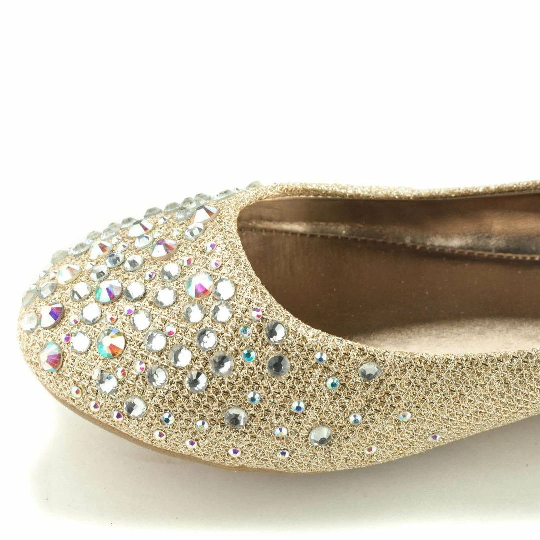 Clore10 By Bamboo, Women's Round Toe Ballet Flats With Iridescent Rhinestone Studs On Glitter Vamp New