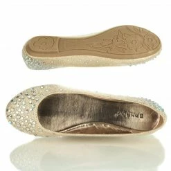 Clore10 By Bamboo, Women's Round Toe Ballet Flats With Iridescent Rhinestone Studs On Glitter Vamp New