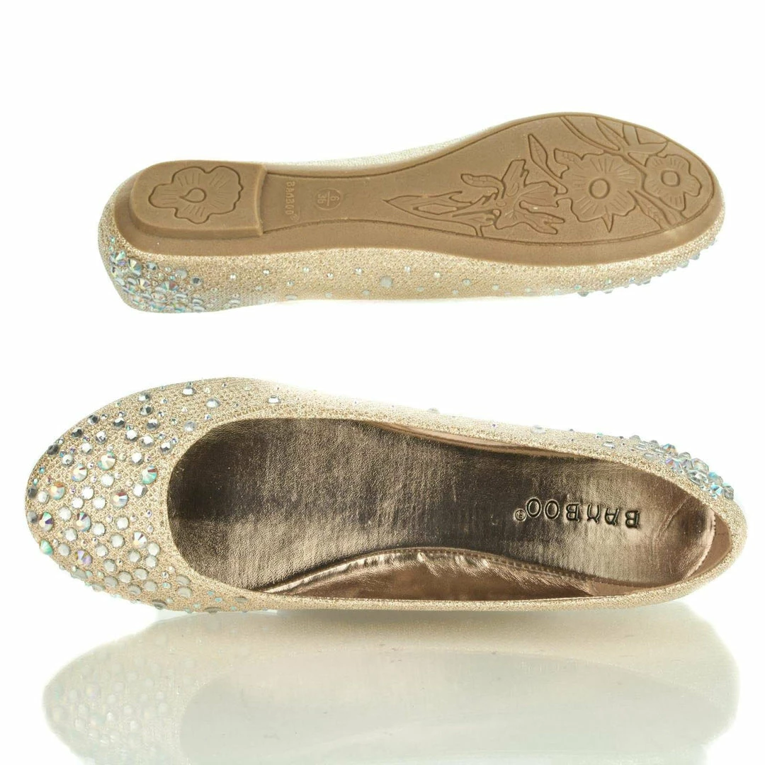 Clore10 By Bamboo, Women's Round Toe Ballet Flats With Iridescent Rhinestone Studs On Glitter Vamp New