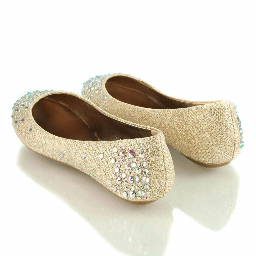 Clore10 By Bamboo, Women's Round Toe Ballet Flats With Iridescent Rhinestone Studs On Glitter Vamp New