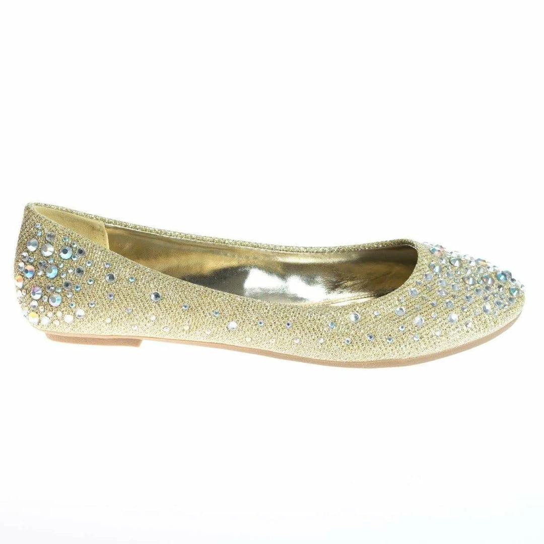 Clore10 By Bamboo, Women's Round Toe Ballet Flats With Iridescent Rhinestone Studs On Glitter Vamp New