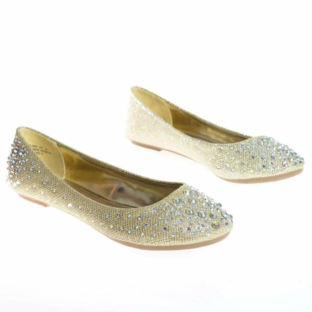Clore10 By Bamboo, Women's Round Toe Ballet Flats With Iridescent Rhinestone Studs On Glitter Vamp New