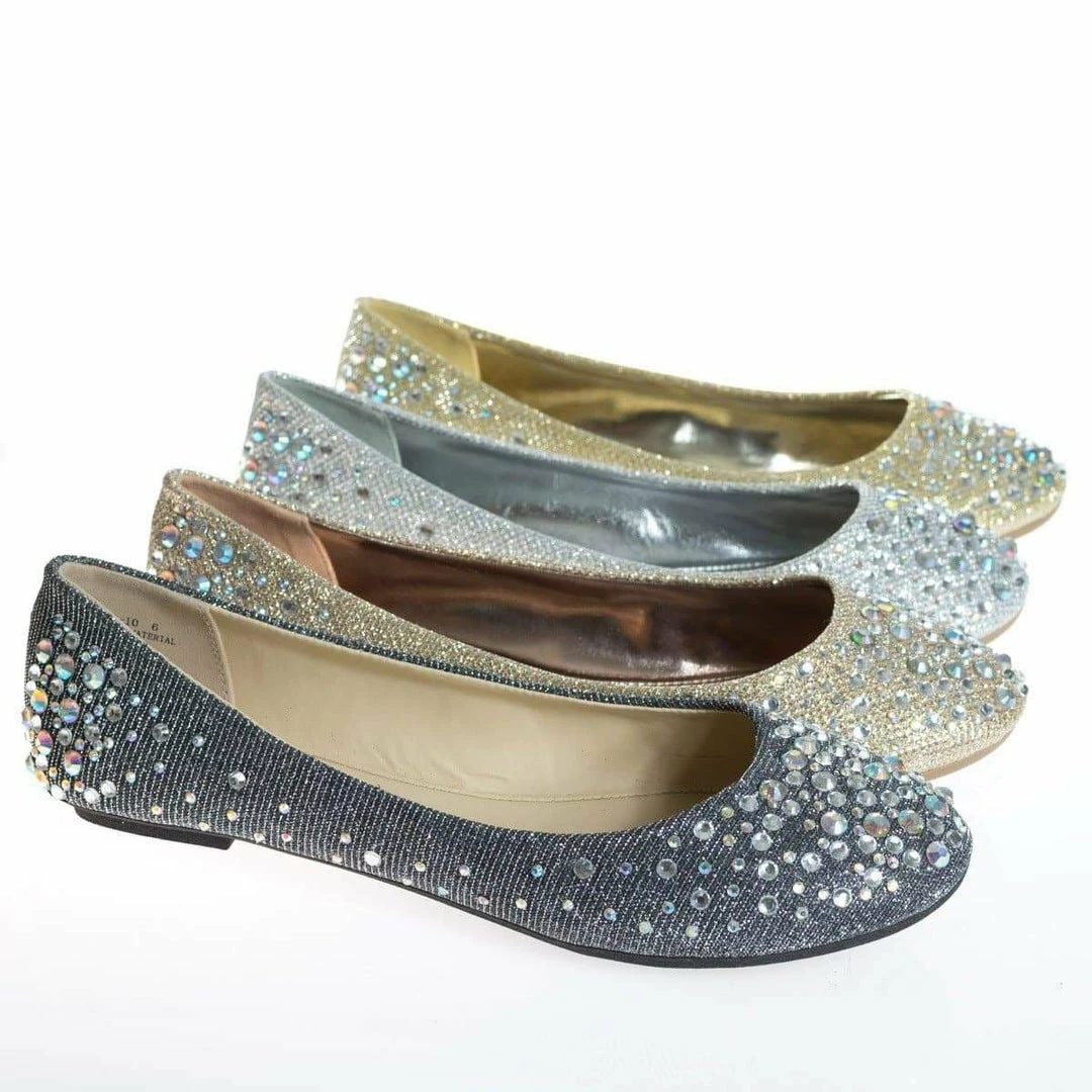 Clore10 By Bamboo, Women's Round Toe Ballet Flats With Iridescent Rhinestone Studs On Glitter Vamp New