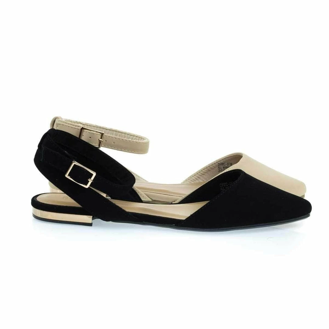 Bamboo New Cynic07 Open Back Pointed Toe Flats With Ankle Wrap & Low Metallic Block Heel
