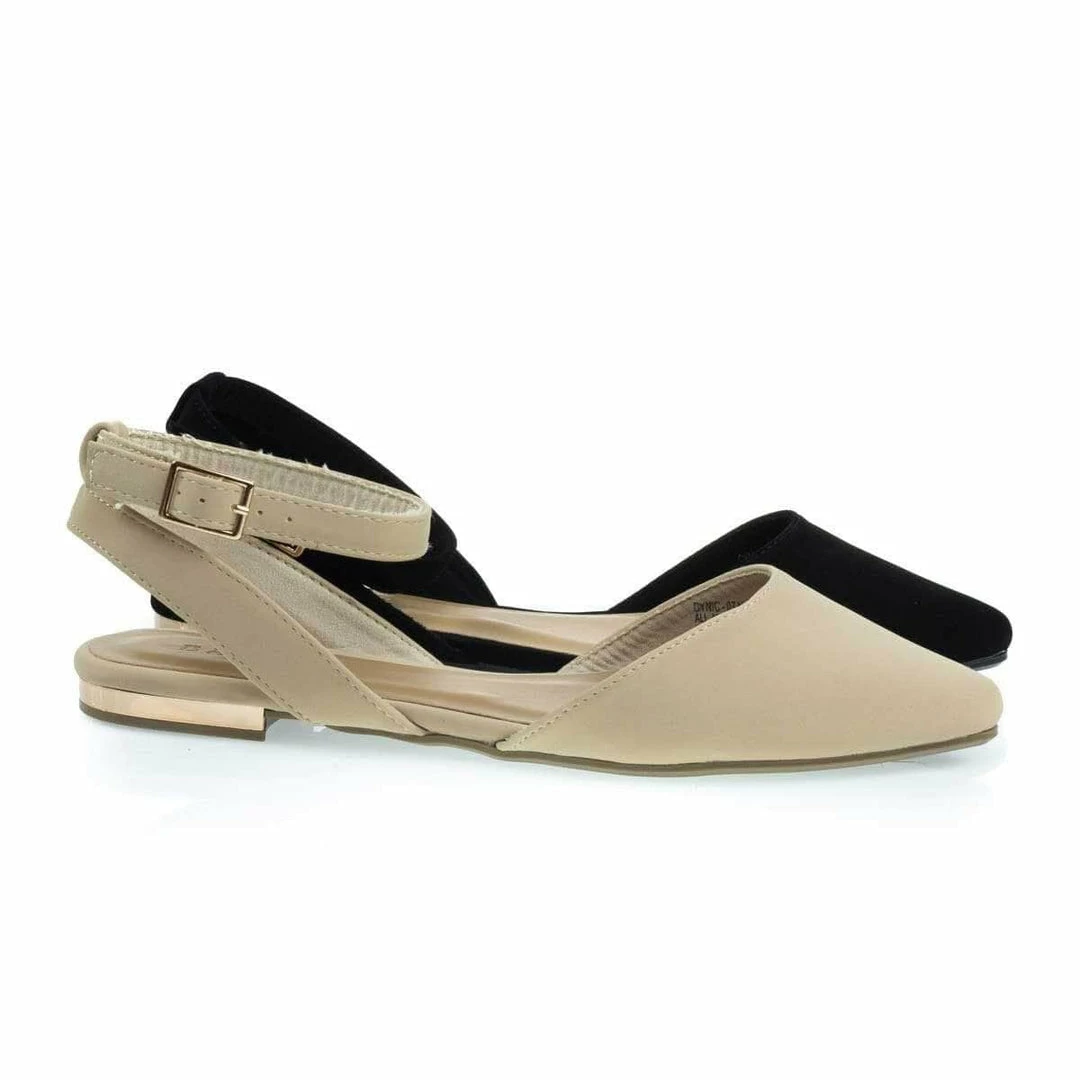 Bamboo New Cynic07 Open Back Pointed Toe Flats With Ankle Wrap & Low Metallic Block Heel