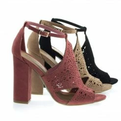 New Encounter65M By Bamboo, Block Heel Sandal Stencil Laser Cutout Perforated Design