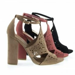 New Encounter65M By Bamboo, Block Heel Sandal Stencil Laser Cutout Perforated Design