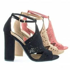 New Encounter65M By Bamboo, Block Heel Sandal Stencil Laser Cutout Perforated Design