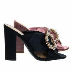 Bamboo Encounter92 Satin Baroque Block Heel Mule Sandal W Embellished Crystal & Pearl New