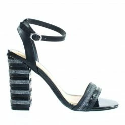 Bamboo New Encounter95 Stripe Stack Block Heel Dress Sandal, Metal Ribbed Detail