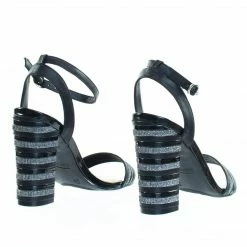 Bamboo New Encounter95 Stripe Stack Block Heel Dress Sandal, Metal Ribbed Detail