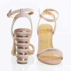 Bamboo New Encounter95 Stripe Stack Block Heel Dress Sandal, Metal Ribbed Detail