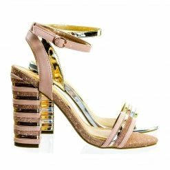 Bamboo New Encounter95 Stripe Stack Block Heel Dress Sandal, Metal Ribbed Detail