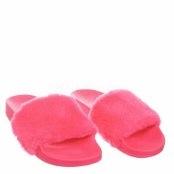 Bamboo Flatter15 Faux Fur Neon Molded Slipper Sandal - Women Slide In Slides Flats New