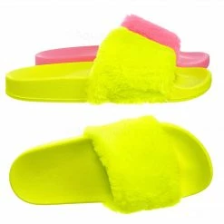 Bamboo Flatter15 Faux Fur Neon Molded Slipper Sandal - Women Slide In Slides Flats New