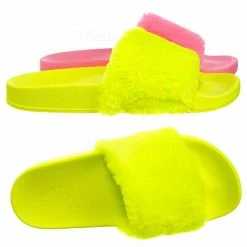 Bamboo Flatter15 Faux Fur Neon Molded Slipper Sandal - Women Slide In Slides Flats New