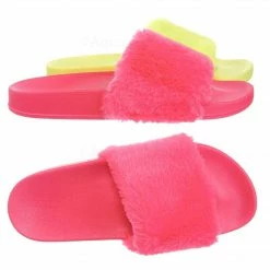 Bamboo Flatter15 Faux Fur Neon Molded Slipper Sandal - Women Slide In Slides Flats New