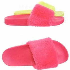 Bamboo Flatter15 Faux Fur Neon Molded Slipper Sandal - Women Slide In Slides Flats New