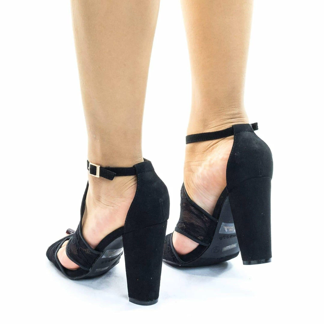 Bamboo Frenzy23 Lace Block Heel Sandal W Embroidered Web Mesh Lace Fabric