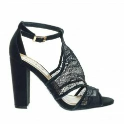 Bamboo Frenzy23 Lace Block Heel Sandal W Embroidered Web Mesh Lace Fabric