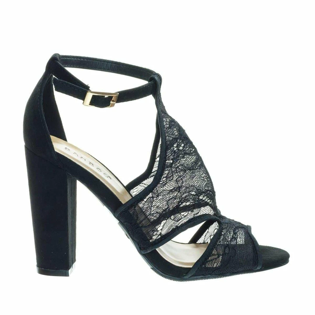 Bamboo Frenzy23 Lace Block Heel Sandal W Embroidered Web Mesh Lace Fabric