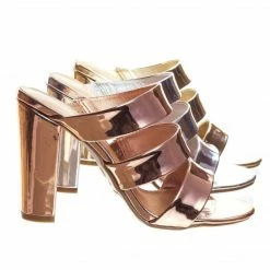 Bamboo Frenzy27 Metallic Block Heel Triple Strap Slide Sandal Mule, Women Dress Shoes