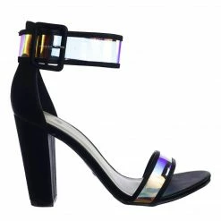Bamboo Frenzy94 Holographic Iridescent Block High Heel Dress Sandal W Thick Ankle Strap