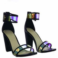 Bamboo Frenzy94 Holographic Iridescent Block High Heel Dress Sandal W Thick Ankle Strap
