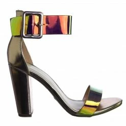 Bamboo Frenzy94 Holographic Iridescent Block High Heel Dress Sandal W Thick Ankle Strap