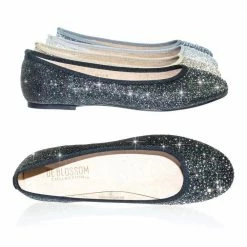 Gigi6 By Bamboo Women's Round Toe Ballet Flats With Iridescent Rhinestone Studs On Glitter Vamp