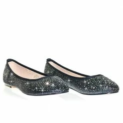 Gigi6 By Bamboo Women's Round Toe Ballet Flats With Iridescent Rhinestone Studs On Glitter Vamp
