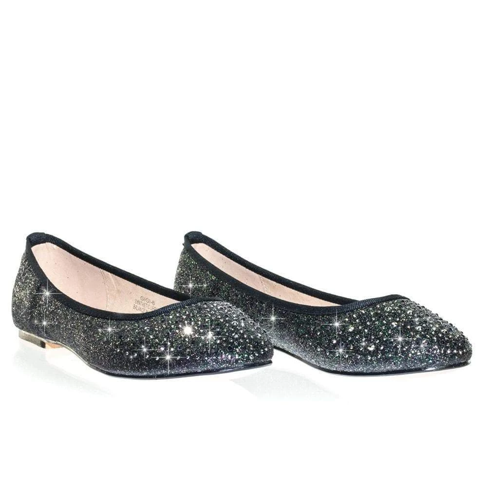Gigi6 By Bamboo Women's Round Toe Ballet Flats With Iridescent Rhinestone Studs On Glitter Vamp