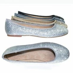Gigi6 By Bamboo Women's Round Toe Ballet Flats With Iridescent Rhinestone Studs On Glitter Vamp